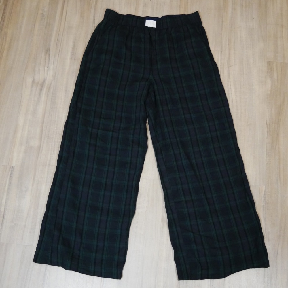 J.Crew Black Watch Plaid Pajama Pants Mens Medium Green Navy Tartan Lounge Wide